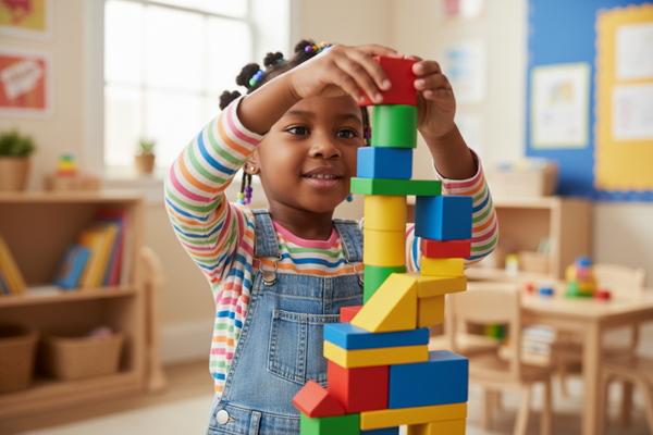 A black little girl builds a colourful block tower. The background should be a neutral classroom that is not the focus. 