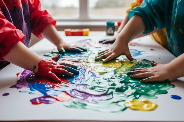 A close up of kids hands doing messy fingerpaint