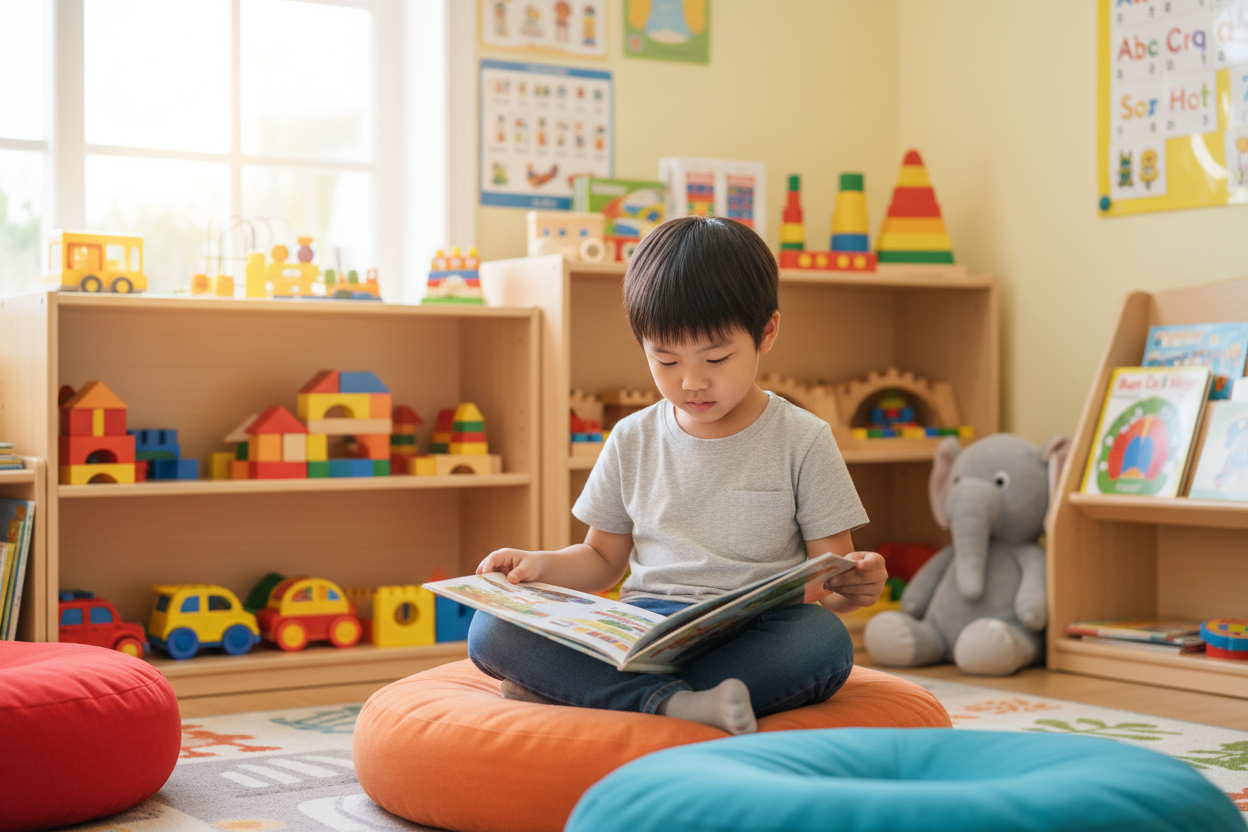 an little asian boy reads a book in a daycare