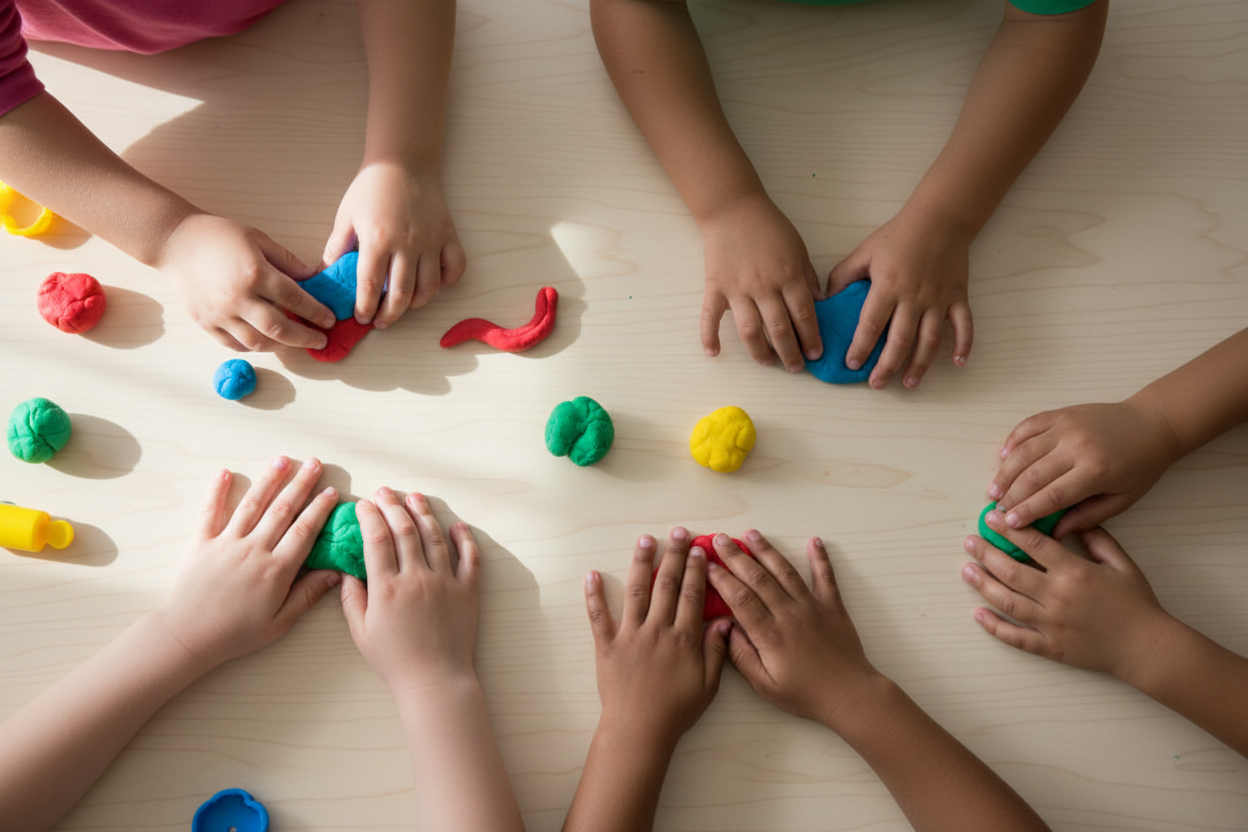 preschools kids hands, that are different skin tones, play with playdough.